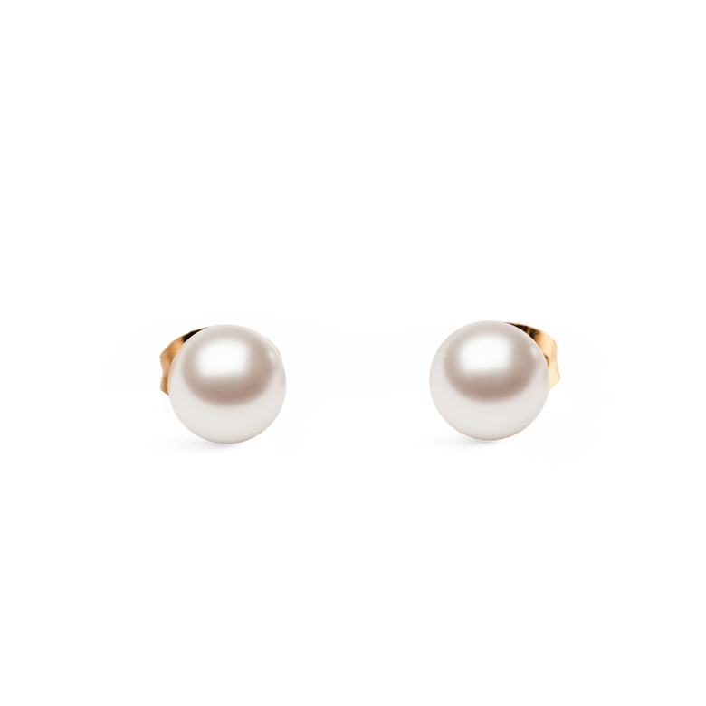 A pair of Pearl Stud Earring Rose Gold featuring luminous white Swarovski glass pearls set in slim rose gold mounts, shown against a plain background to highlight their minimalist and elegant design.