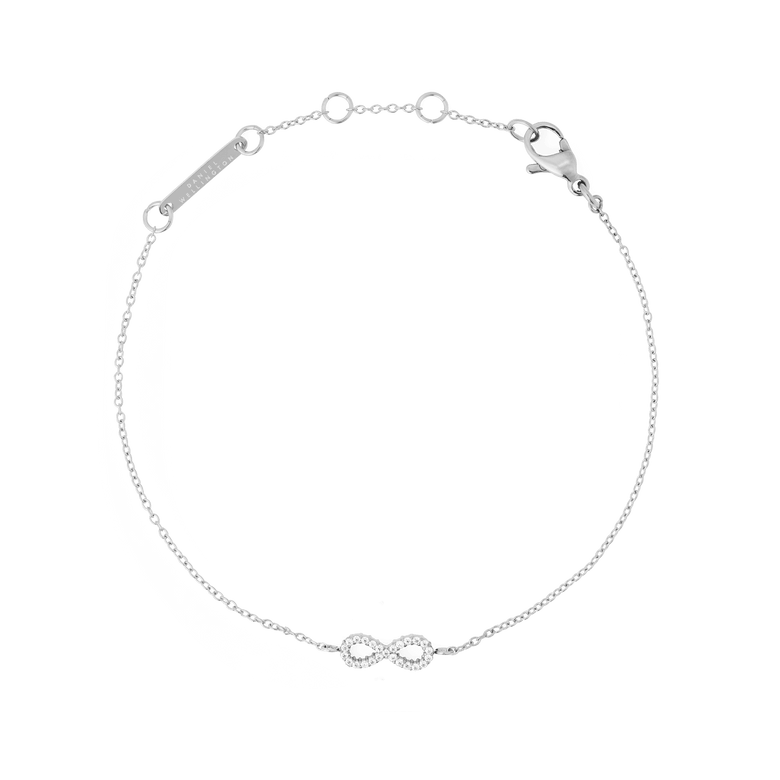 Delicate Mirelle Infinity Bracelet Silver featuring a slim chain and a sparkling infinity symbol set with white cubic zirconia, crafted from stainless steel with an adjustable clasp.