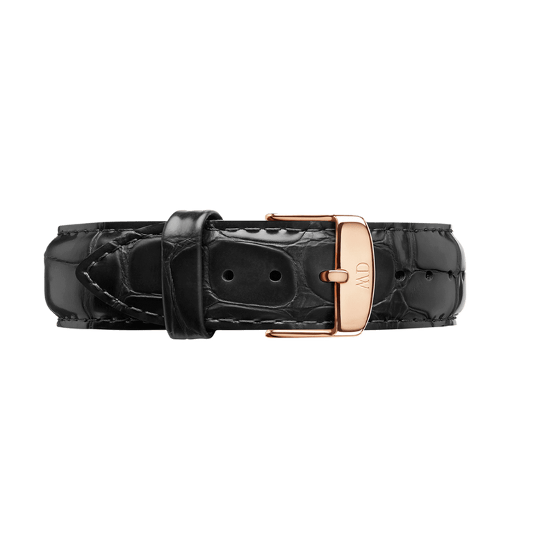 Pressed croc black leather Reading Strap Rose Gold with a rose gold buckle, showing textured detailing and a classic, versatile style suitable for both men’s and women’s watches.