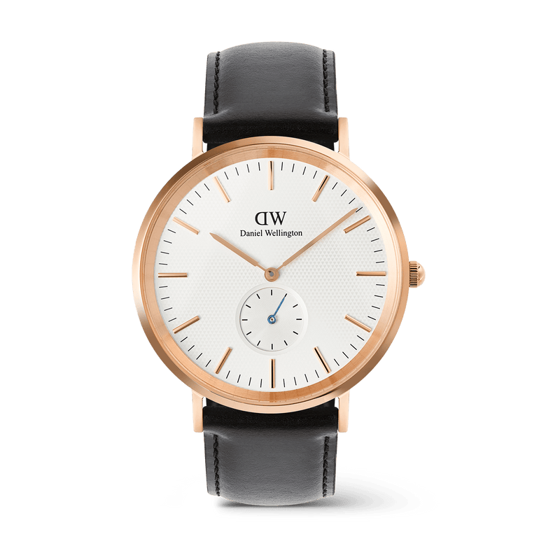 Classic Multi-Eye Sheffield Off-white Sunray Rose Gold men’s watch with a round rose gold case, off-white sunray dial featuring minimalist markers and a blue-tinted sub-second hand, paired with a stitched black leather strap.