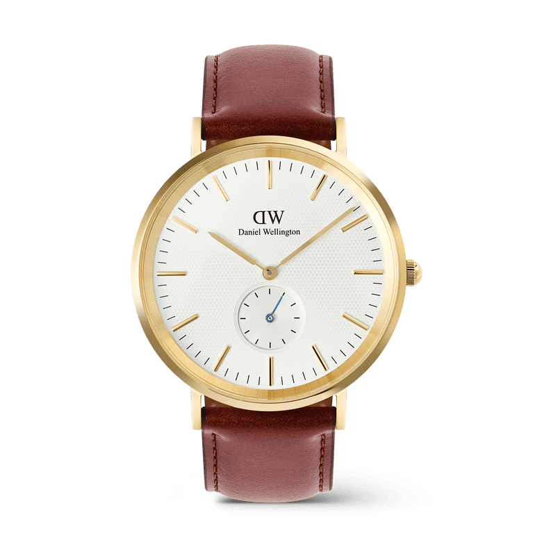 Classic Multi-Eye St Mawes Off-white Sunray Gold men’s watch with a gold-plated round case, light beige sunray dial featuring a triangular pattern, slim gold markers, blue-tinted sub-second hand, and a stitched brown leather strap.