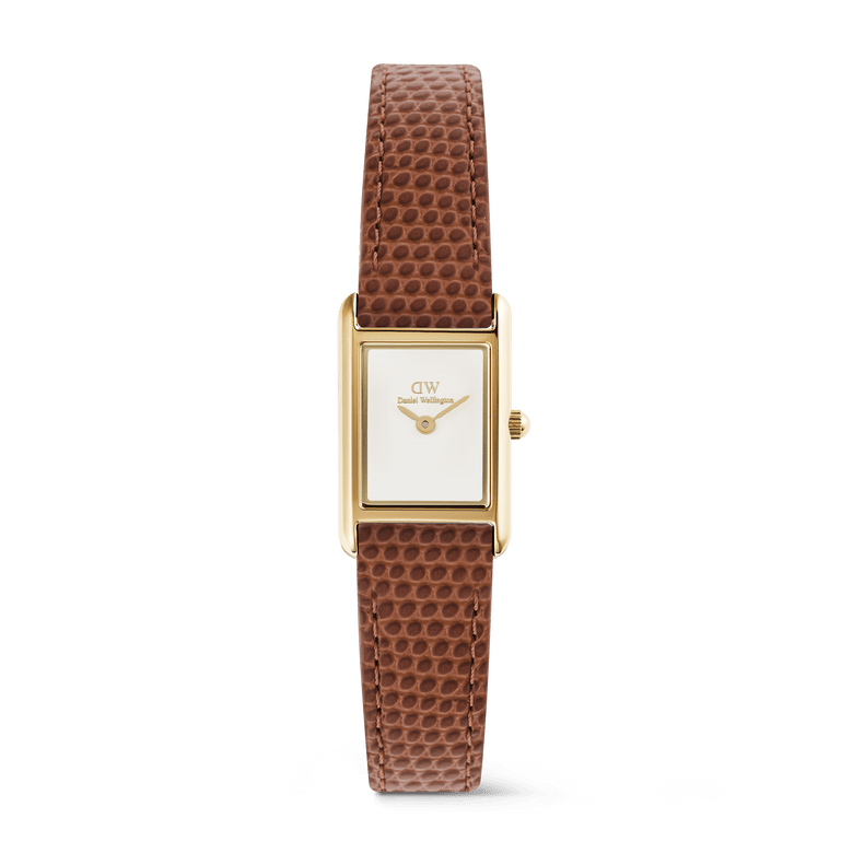 Petite rectangular gold watch with a crisp white dial and light brown lizard-embossed genuine leather strap, featuring minimalist styling and a comfortable fit for everyday wear.