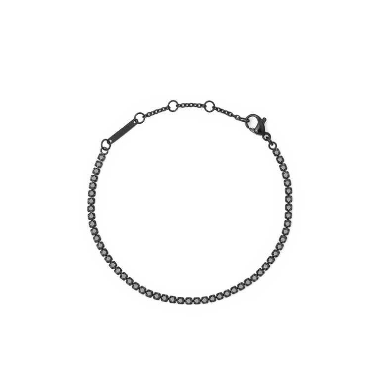Black Crystal Tennis Bracelet featuring a sleek black stainless steel chain with claw-set Preciosa black crystals and adjustable sizing rings for a comfortable fit.
