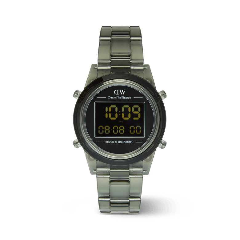 Retro Digital Dark Green watch featuring a dark green transparent link bracelet, round black digital dial, and clear LED display with chronograph and calendar functions.