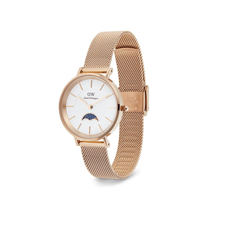 Petite Lune Melrose watch featuring a rose gold mesh strap, white dial, and moon-phase sub-dial, designed for women seeking a blend of elegance and everyday practicality.