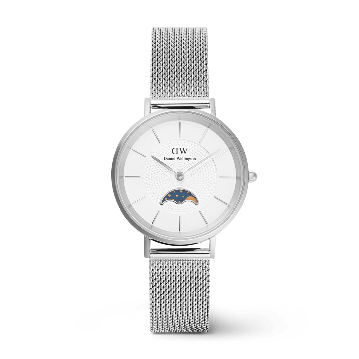 Petite Lune Sterling ladies watch with a silver mesh strap, minimalist white dial, and a moon phase sub-dial, designed for everyday elegance and versatility.