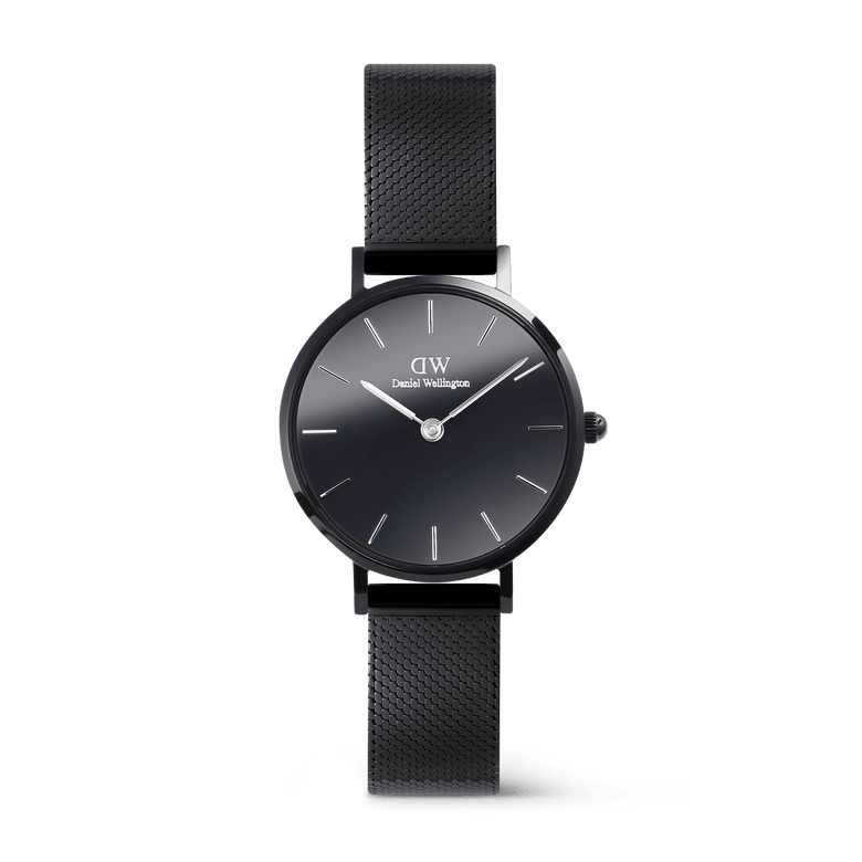 Daniel Wellington Petite Reflection Black watch with a 28mm black mirror glass dial, minimalist hour markers, and a polished black mesh stainless steel strap.