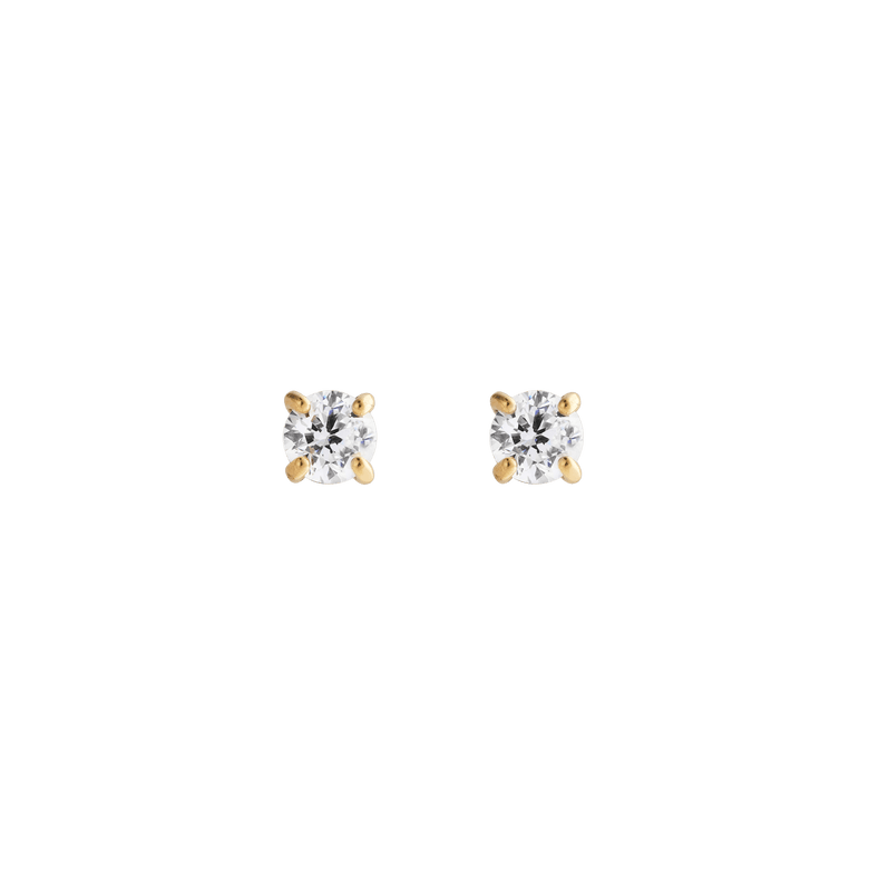 A pair of Mirelle Solitaire Stud Earrings in gold, each featuring a petite white cubic zirconia crystal set in a classic four-prong gold setting, shown against a plain background.