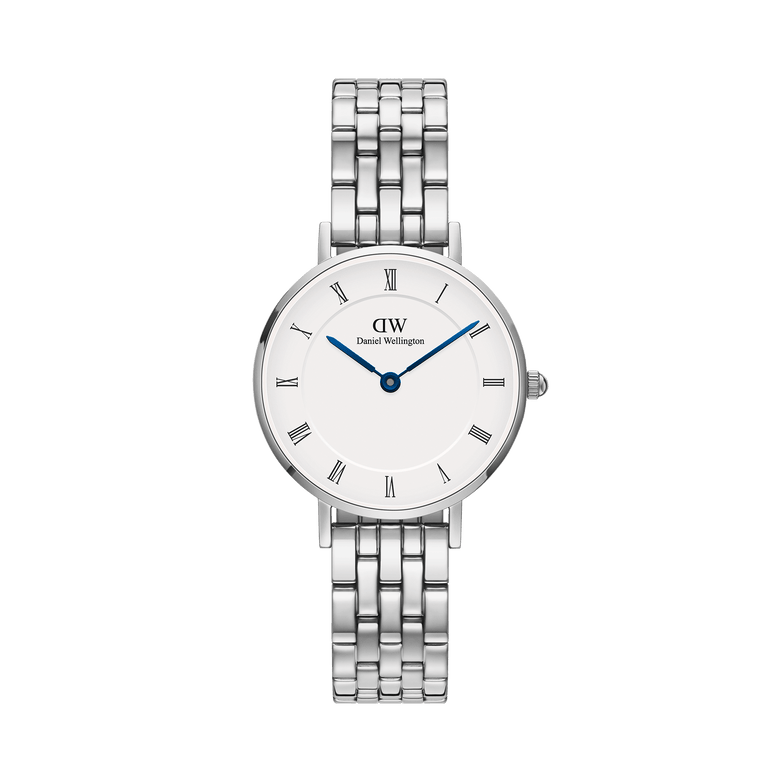 Petite Roman Numerals 5-Link Silver watch featuring a white dial with Roman numerals, blue steel hands, and a polished five-link stainless steel bracelet, designed for a refined and comfortable fit.