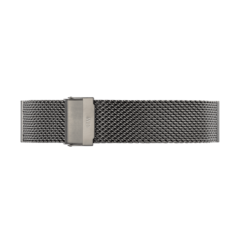 Graphite Mesh Strap in a deep graphite tone with a fine woven 21mm stainless steel mesh design and a secure folded clasp, offering a modern and comfortable look for men’s watches.