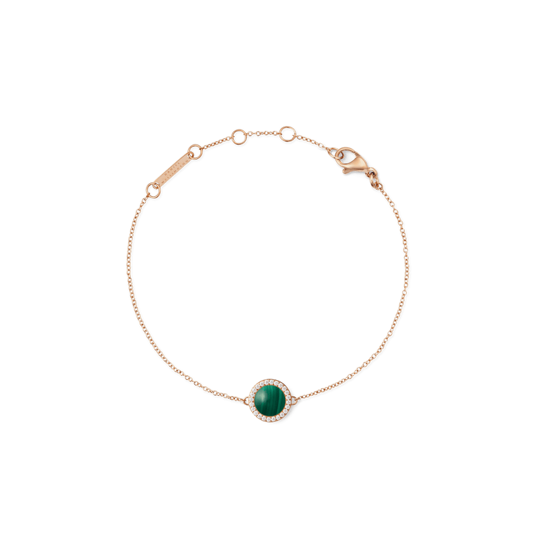 Delicate rose gold bracelet featuring a slim adjustable chain and a round malachite centrepiece framed by sparkling white cubic zirconia, designed for a refined and modern look.
