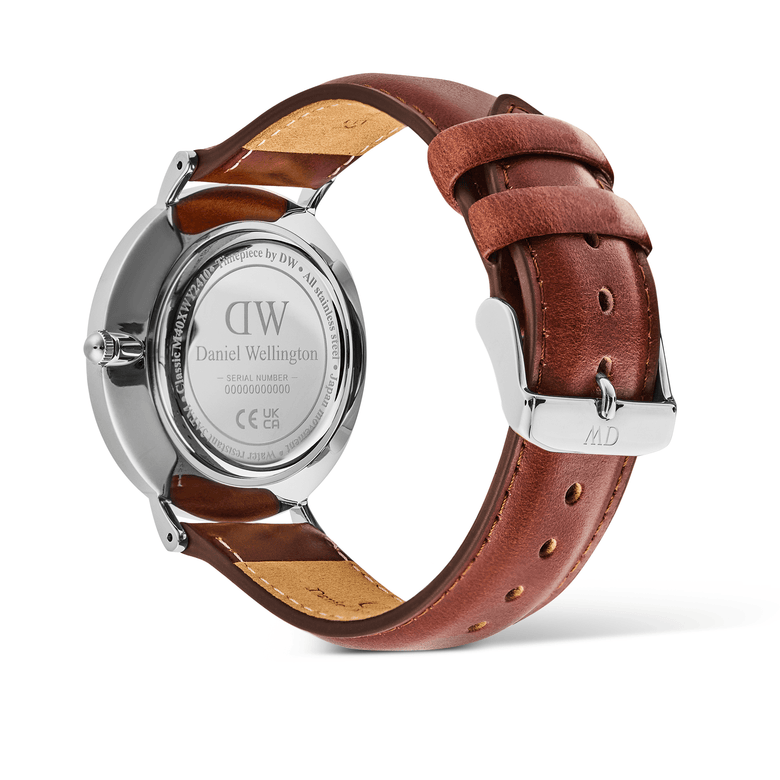 Classic Multi-Eye St Mawes Off-white Sunray Silver men's watch showing the polished stainless steel case back, engraved details, and brown genuine leather strap with a silver pin buckle.