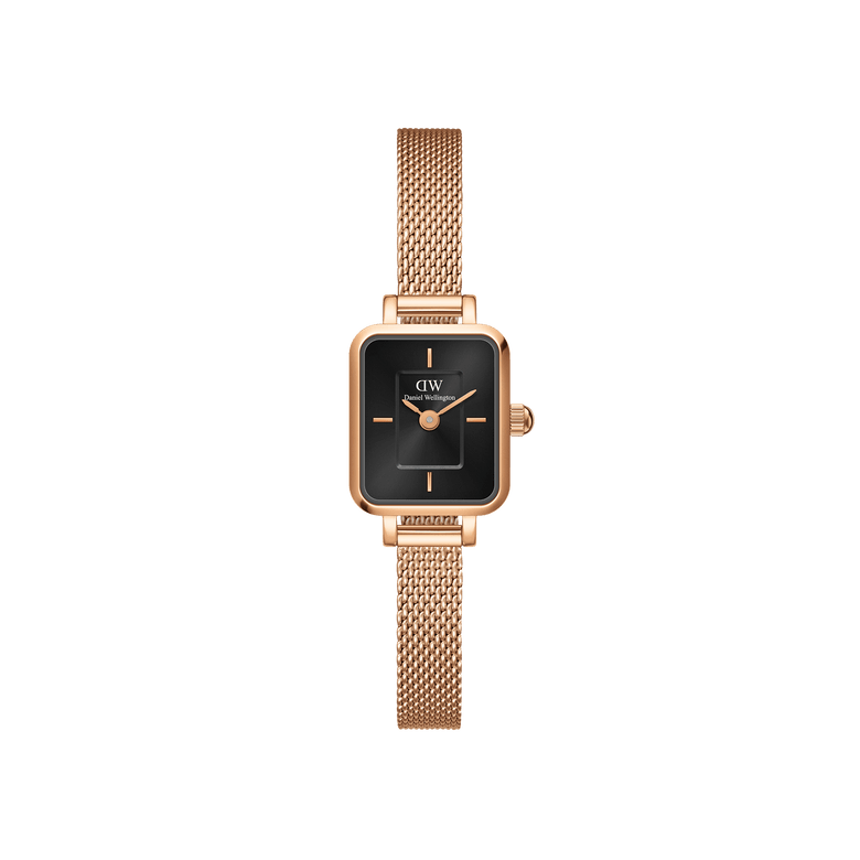 Quadro Mini Melrose Onyx ladies watch featuring a rectangular black onyx dial, rose gold mesh strap, and slim rose gold case, designed for everyday elegance and comfortable wear.