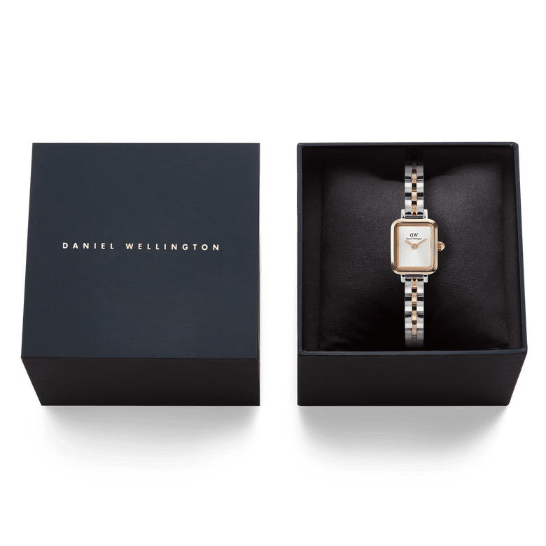 Quadro Mini Arch 3-Link Two Tone Rose Gold ladies watch presented in a Daniel Wellington gift box, featuring a slim rectangular case and a polished silver and rose gold 3-link bracelet.