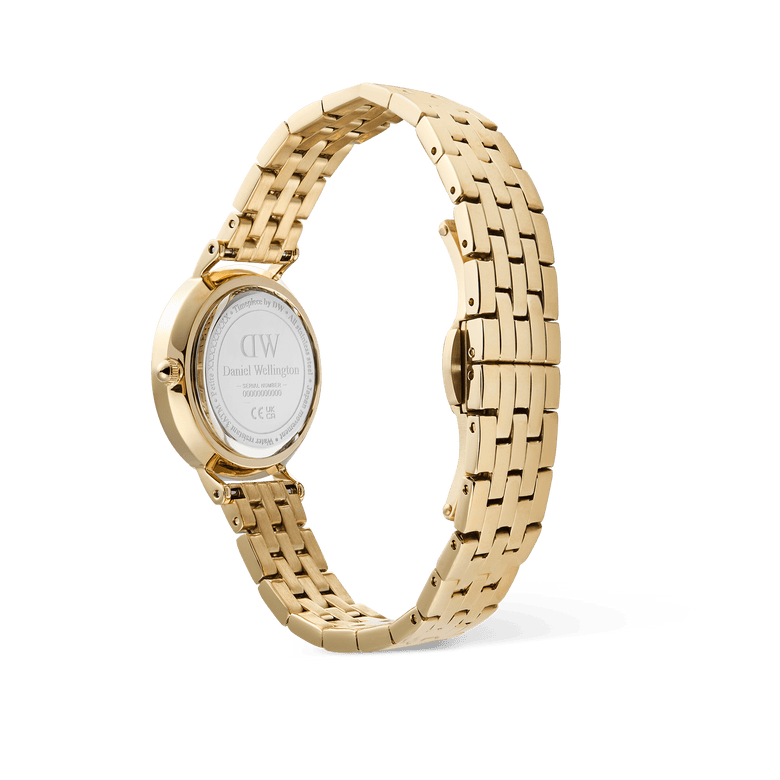 Rear view of the Petite Roman Numerals Date 5-link Gold watch, showing the polished gold 5-link bracelet, stainless steel case back, and butterfly clasp.