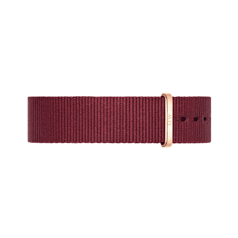 Roselyn Strap Rose Gold features a deep ruby red NATO style polyester band with a rose gold buckle, designed for a secure and stylish fit on a range of watches.