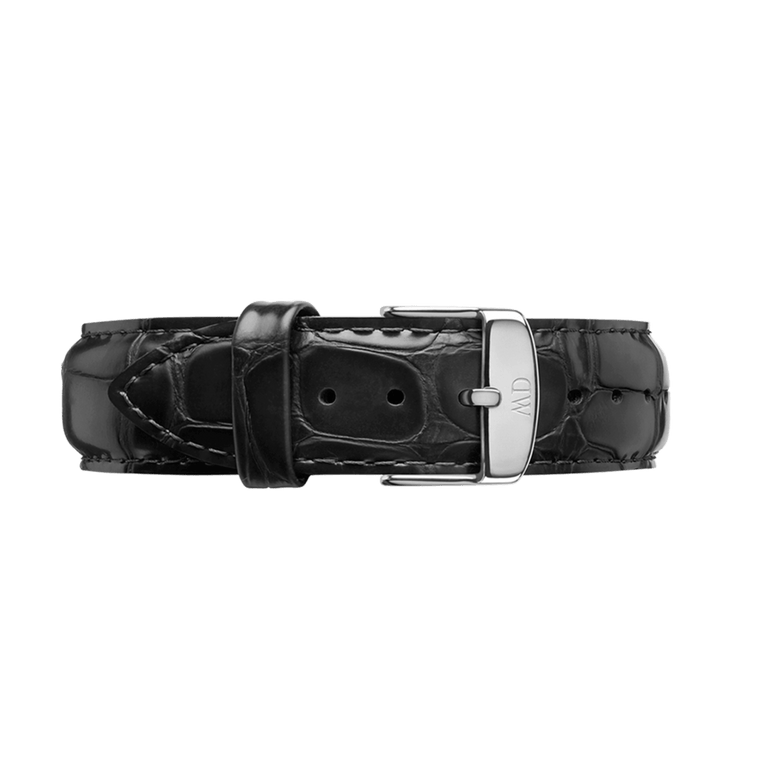 Reading Strap Silver leather watch strap in black with a croc-embossed texture and a polished silver buckle, shown from the front to highlight its classic design and quality stitching.