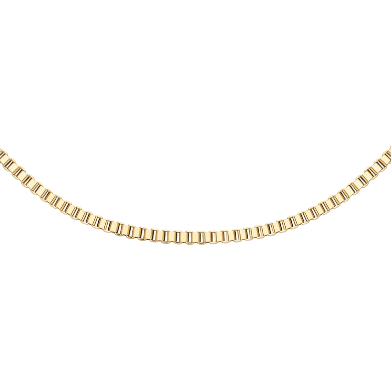 Box Chain Necklace G featuring a slim, polished gold box chain design with adjustable length, crafted from stainless steel with gold PVD plating for a refined, versatile look.