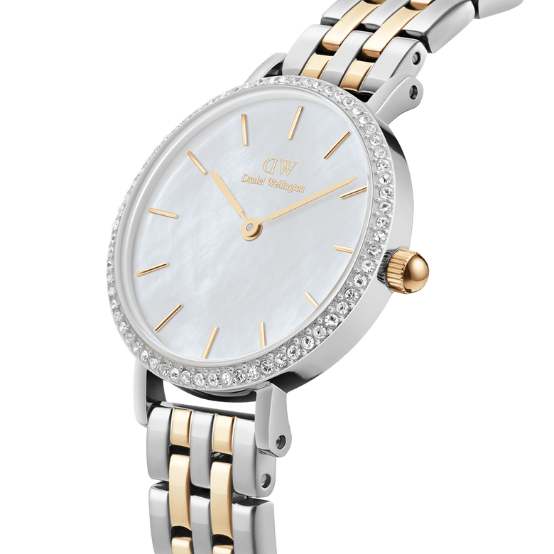 Petite Lumine Bezel 5-Link Two-Tone MOP Silver ladies watch featuring a white mother of pearl dial, sparkling stone-set bezel, and a slim two-tone gold and silver bracelet with minimalist gold detailing.