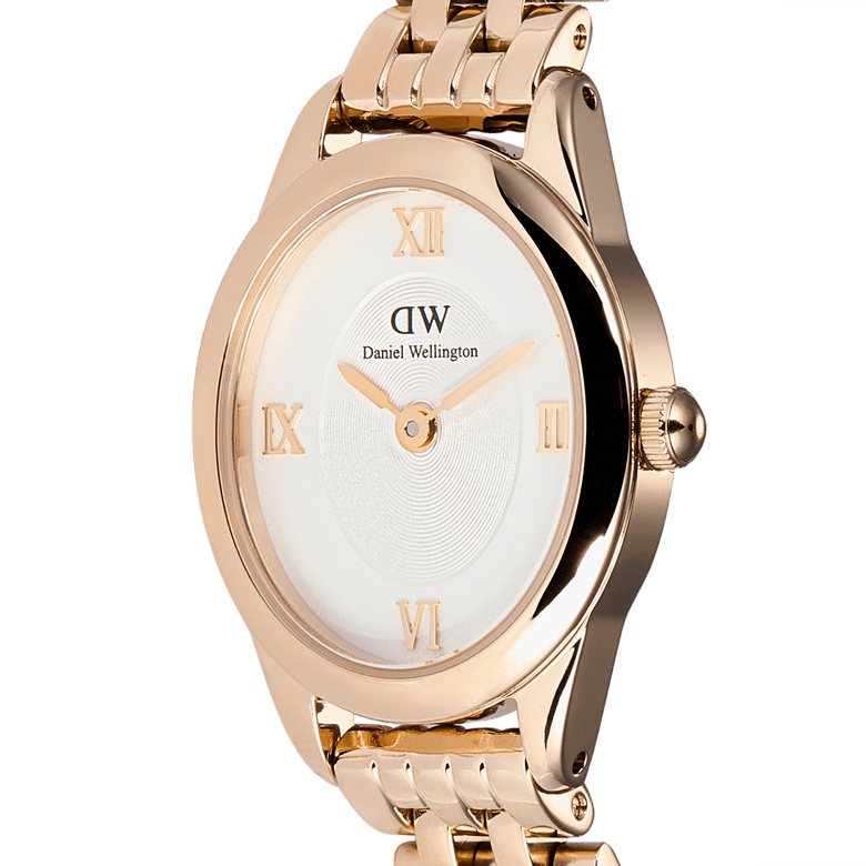 Close-up of the Ophelia Mini Rose Gold ladies watch highlighting the polished oval rose gold case, white sunray dial, and rose gold Roman numerals.