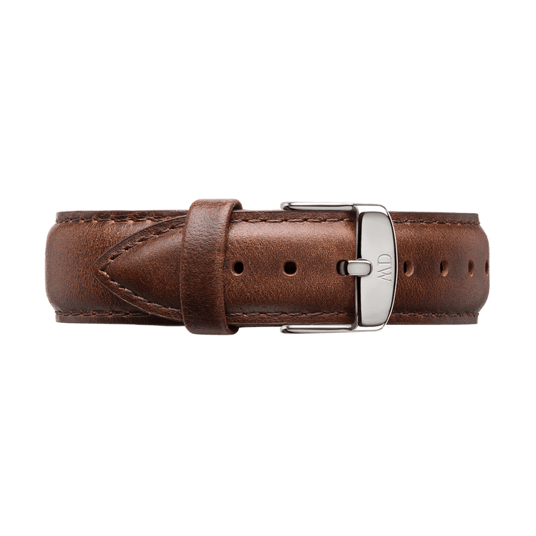 Bristol Strap Silver brown leather watch strap with fine stitching and a polished silver buckle, displayed flat to showcase its classic and versatile style.