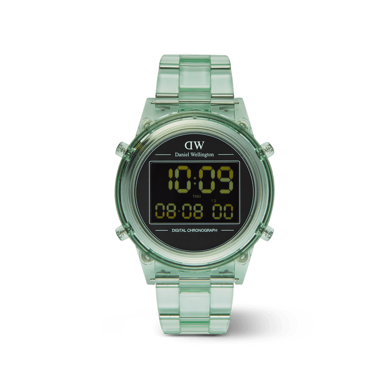 Daniel Wellington Retro Digital Light Green Light Green watch featuring a transparent light green link bracelet, round black digital dial with yellow numbers, and a minimalist retro-inspired design.