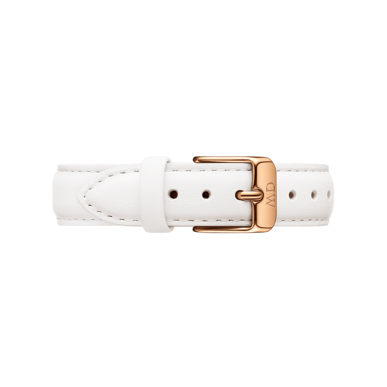 Bondi Strap Silver in white genuine leather with a rose gold buckle, featuring fine stitching and an adjustable design for classic or petite watches.