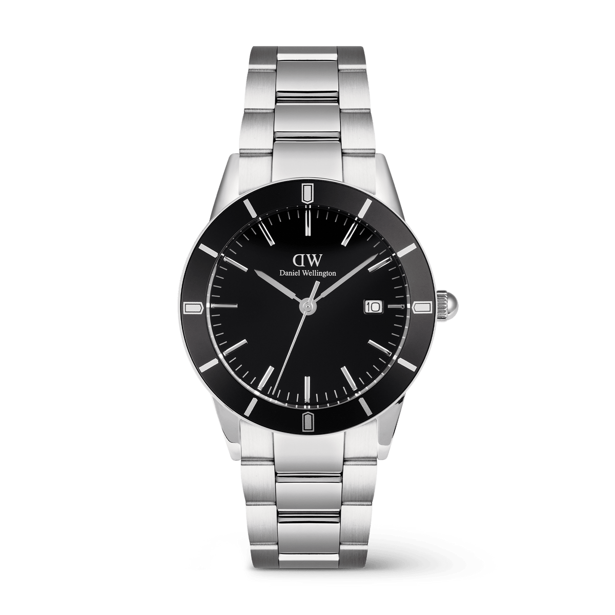 Iconic Paradigma Link Black Enamel men's watch featuring a sleek silver stainless steel three-link bracelet, minimalist black dial, distinctive index bezel, and date window, ideal for everyday wear and versatile styling.