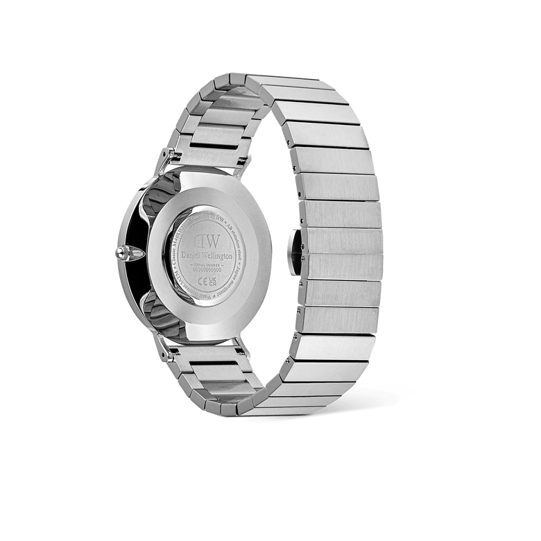 Rear view of the Classic Piano Link Arctic Silver watch, highlighting the brushed stainless steel piano link strap, butterfly buckle, and engraved case back.