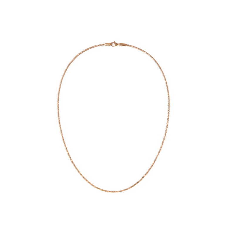 Slim rose gold mesh necklace with a polished finish and secure lobster clasp, designed for elegant everyday wear and layering.