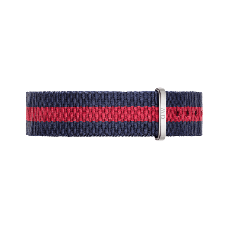 Oxford Strap Silver NATO style watch strap in navy blue and red striped polyester, featuring a polished silver buckle and multiple adjustment holes for a comfortable fit.
