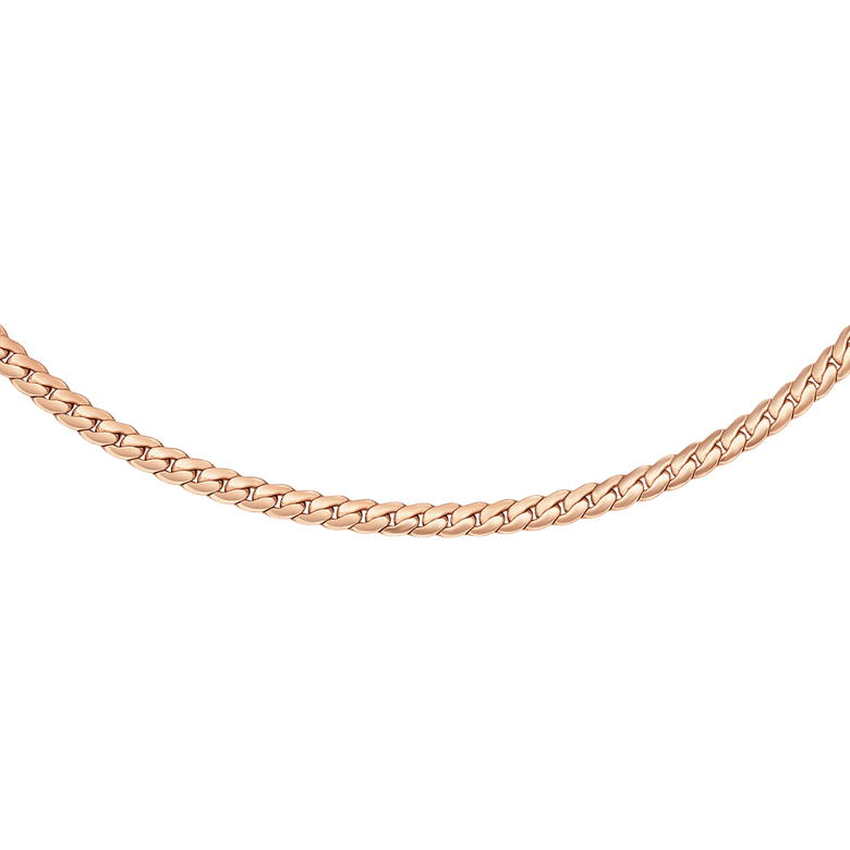 Flat Chain Necklace RG featuring a slim, flat rose gold chain with polished links, designed to sit neatly along the collarbone for a modern yet classic look.