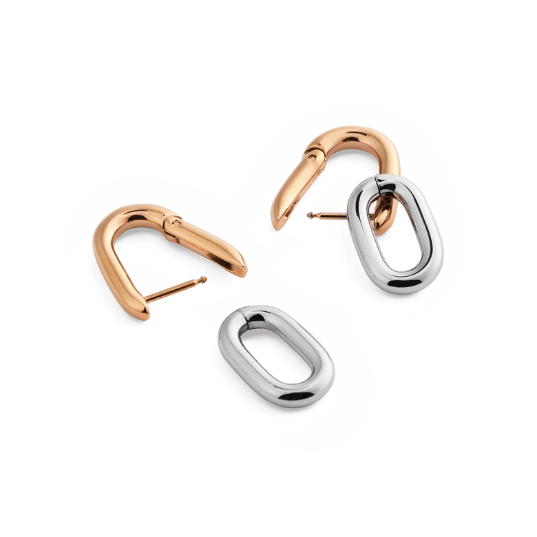 Contrast Link Earrings Two Tone Rose Gold displayed with the rose gold hoops open and the silver links detached, highlighting the interchangeable design and polished finish.