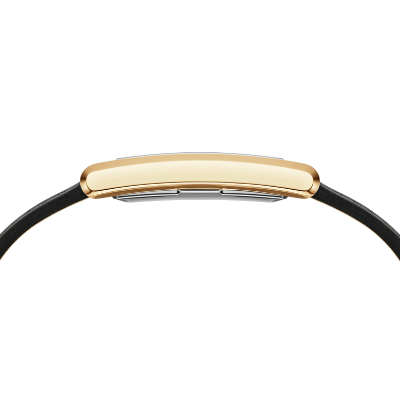 Side profile of the Daniel Wellington Bound Black Crocodile Gold watch, showcasing its slim gold rectangular case and black leather strap designed for comfortable everyday wear.