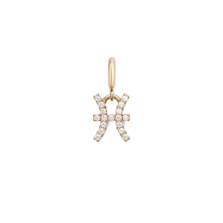 Zodiac Watch Charm Gold featuring the Pisces star sign, crafted in gold-plated stainless steel and set with sparkling cubic zirconia crystals for a refined and personalised jewellery accessory.