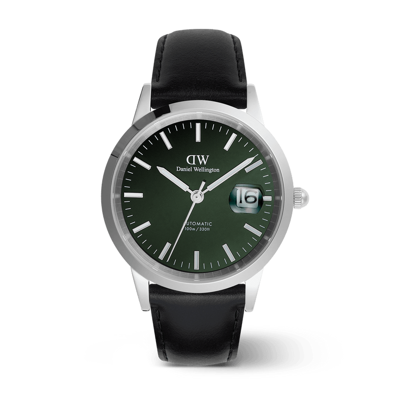 Iconic Sheffield Automatic Silver men's watch with a round silver case, emerald green enamel dial, luminous markers, magnified date display, and a black Italian leather strap.