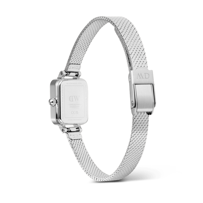 Rear view of the Quadro Mini Reflection Silver watch showing the polished stainless steel case back, adjustable silver mesh strap, and secure clasp, highlighting the refined craftsmanship and modern design.