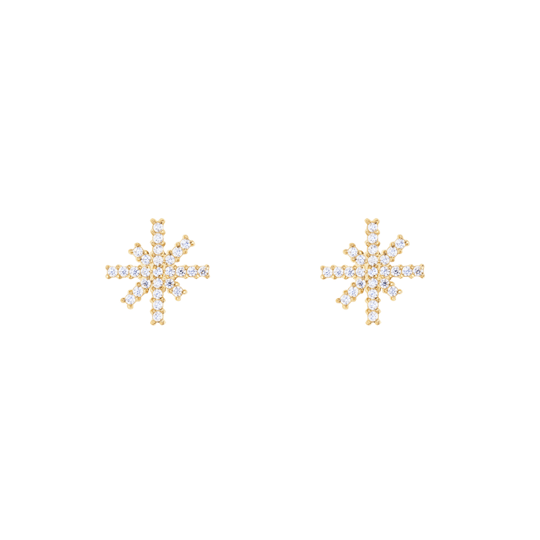 Pair of Mirelle Star Earring Gold stud earrings featuring a starburst design with white cubic zirconia crystals set in polished gold, shown against a plain background.