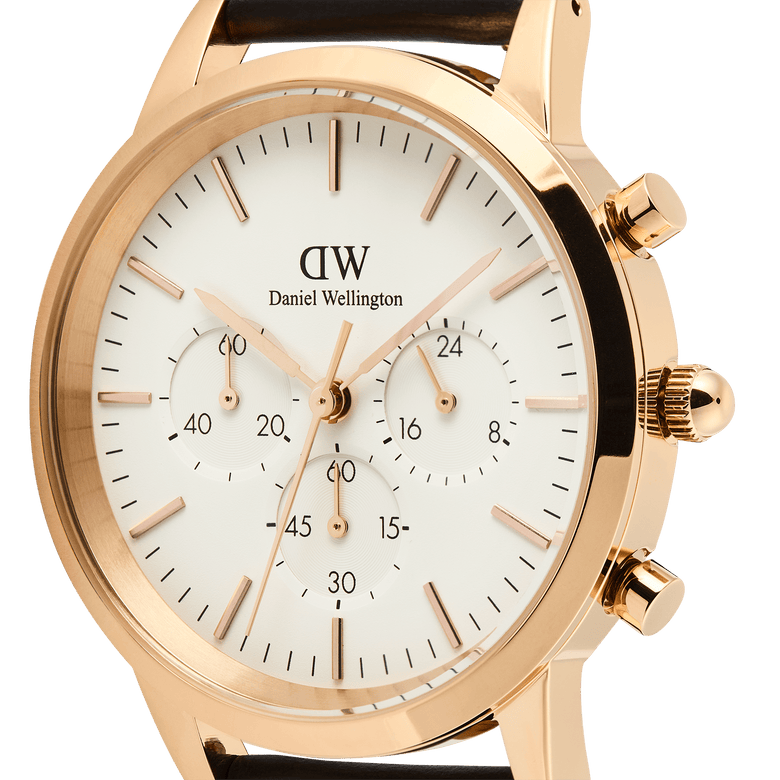 Close-up of the Iconic Chronograph Sheffield RG featuring a white dial, rose gold case, three chronograph sub-dials, and minimalist hour markers, highlighting its refined and modern design.