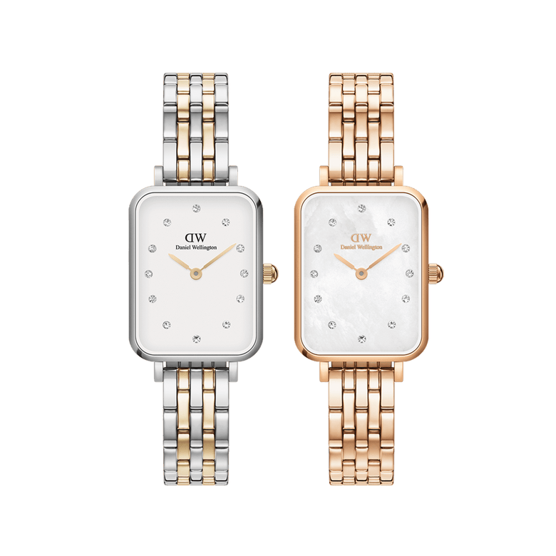 Two Daniel Wellington Quadro Lumine 5-link ladies watches, one in rose gold and one in two-tone silver and gold, both featuring rectangular faces, white dials with crystal hour markers, and elegant five-link metal bracelets.