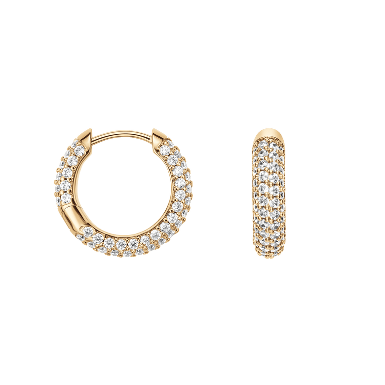 Pavé Crystal Earrings Gold shown from front and side, featuring a gold plated hoop design with rows of sparkling cubic zirconia crystals in a pavé setting.