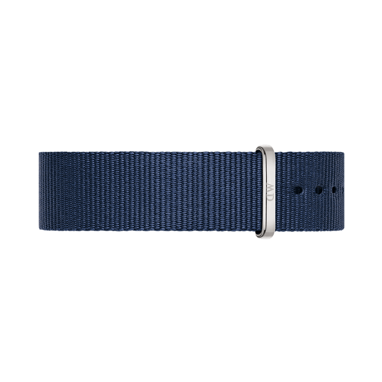 Bayswater Strap Silver in deep midnight blue polyester with a polished silver buckle, designed in a classic NATO style with adjustable holes for a secure and comfortable fit.