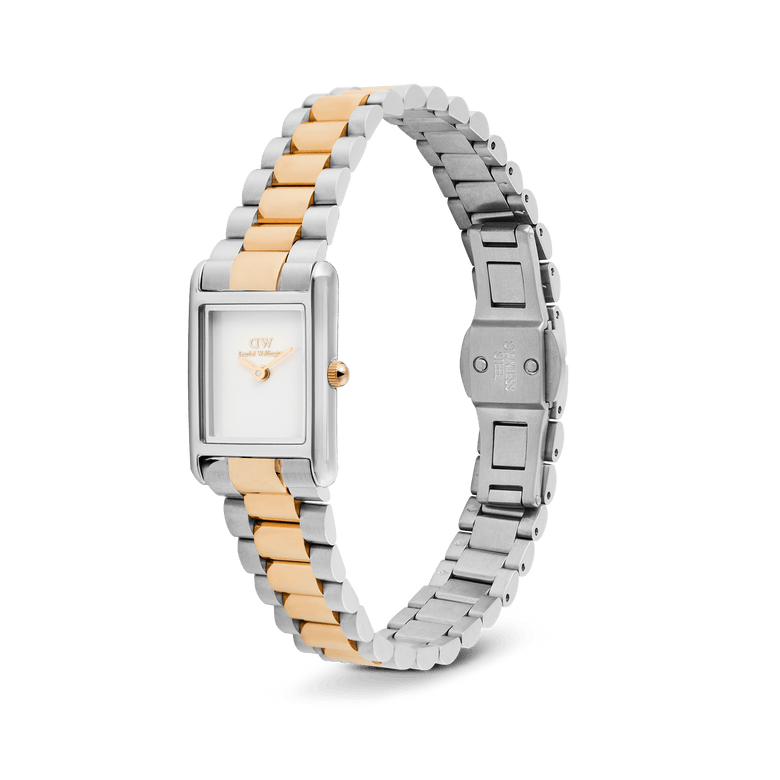 Daniel Wellington Bound Mini 3-Link Two Tone Rose Gold watch with a rectangular silver and rose gold case, minimalist white dial, and an open three-link bracelet showing the butterfly clasp.