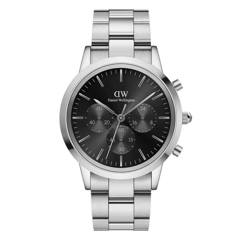 Iconic Chronograph Link Onyx S men's watch featuring a silver stainless steel bracelet, 42mm case, and a sleek black sunray dial with three chronograph sub-dials for precise timekeeping.