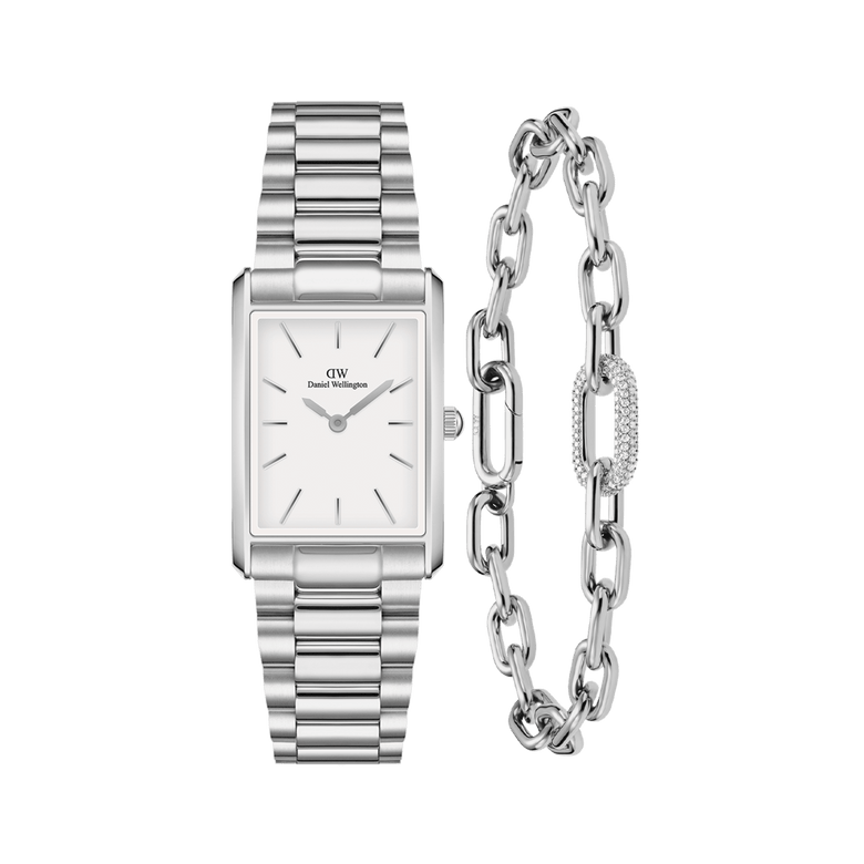 Rectangular silver watch with a three-link bracelet strap and a crisp white dial, paired with a delicate silver crystal link bracelet featuring a pavé accent and adjustable chain links.