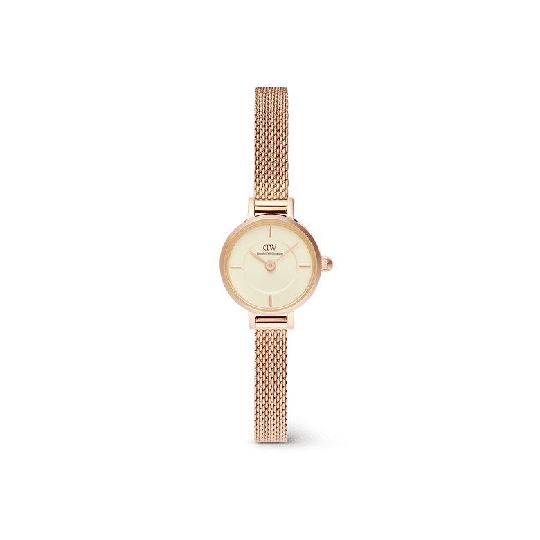 Petite Mini Champagne Melrose features a delicate champagne dial and a rose gold mesh strap, offering a sophisticated and modern look ideal for everyday wear.