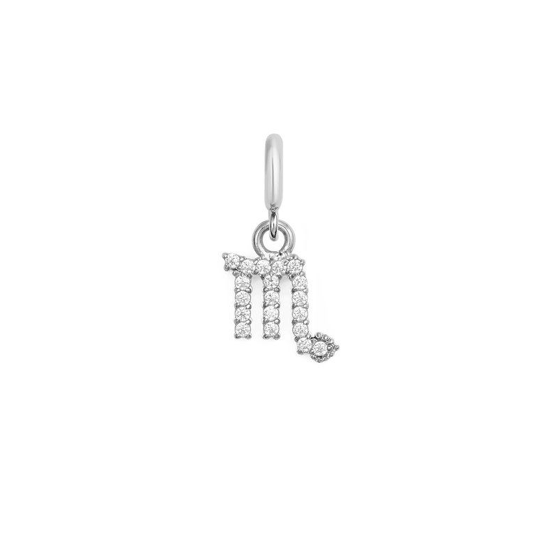 Scorpio zodiac watch charm in polished silver, featuring a sparkling astrological symbol with cubic zirconia crystals, designed for Daniel Wellington watches or bracelets.