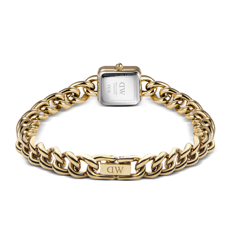 Jolie Chain Gold watch shown from the back, highlighting the stainless steel case, gold PVD plated chunky chain bracelet, and secure foldover clasp for a comfortable fit.