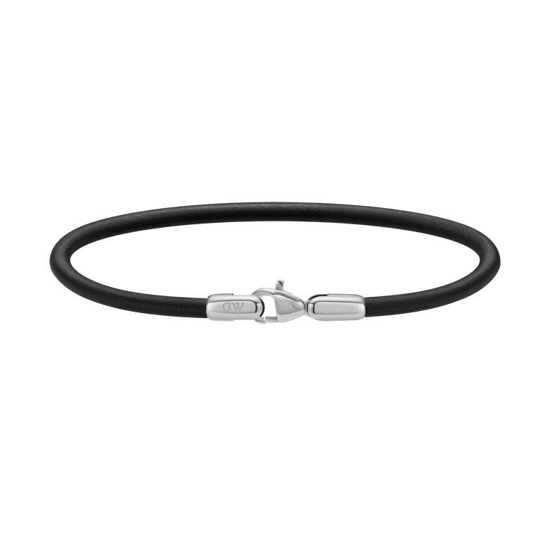 Slim black leather Sheffield Bracelet Silver with a polished silver stainless steel clasp, featuring minimalist design and refined detailing suitable for men’s everyday or formal wear.
