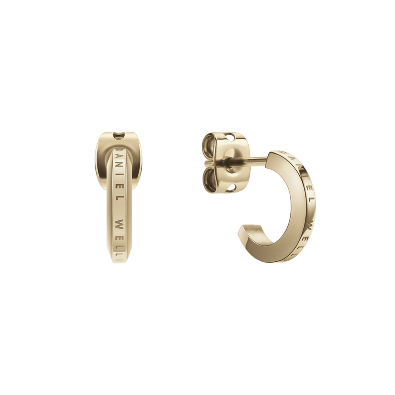 Elan Earrings Gold feature a minimalist huggie shape with a polished gold finish and the Daniel Wellington logo engraved along the edge, shown with secure butterfly backs for comfortable everyday wear.